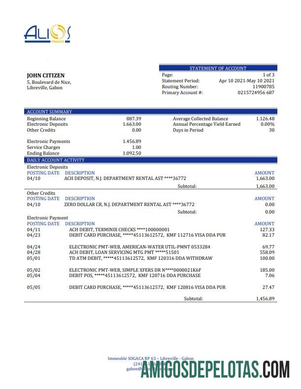 Modelo de extrato bancário do Gabão Alios Finance para download, formato Word e PDF